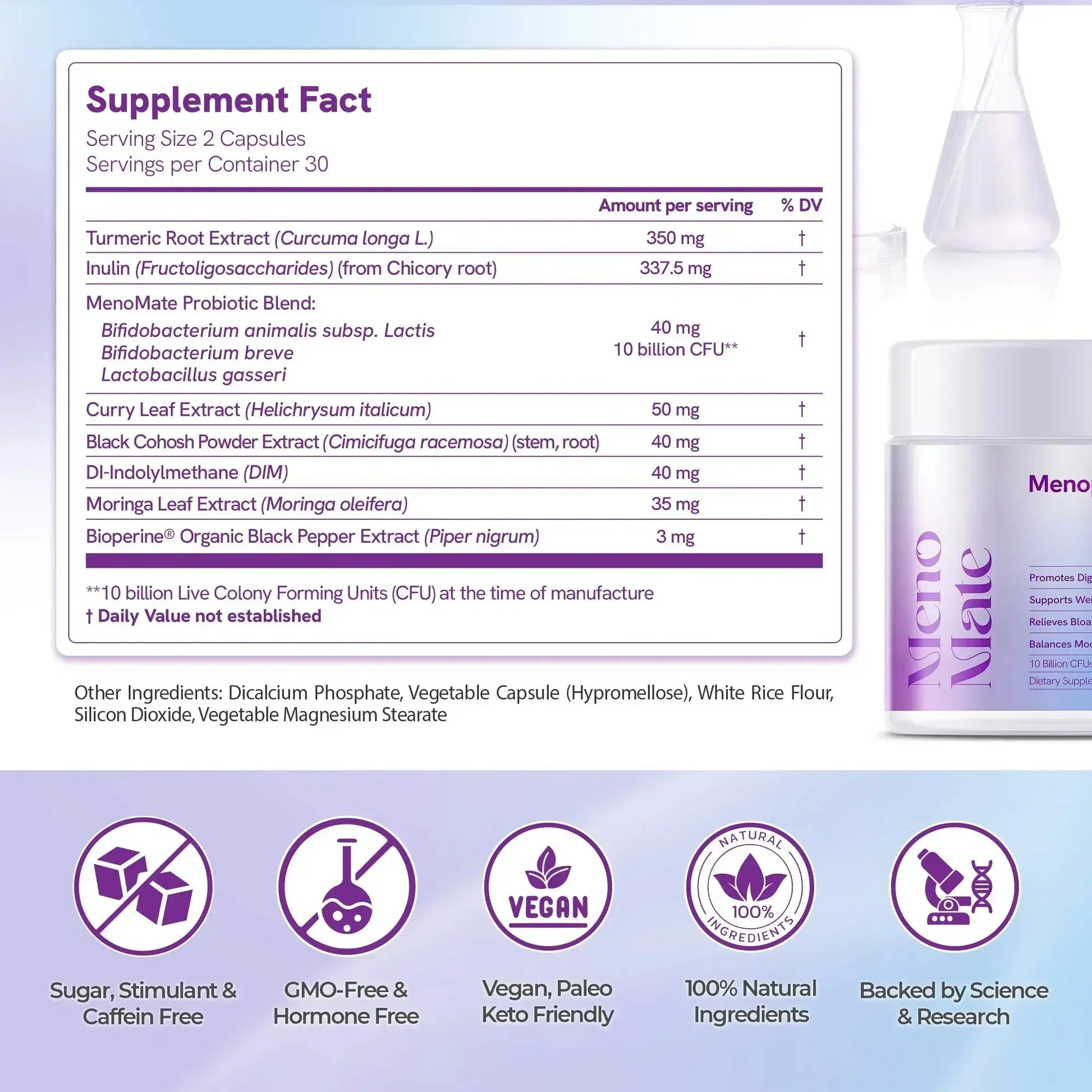 MenoMate Supplement Facts - Tableau des valeurs nutritionnelles